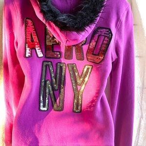 Aeropostale pink fur hoodie size Medium sequins